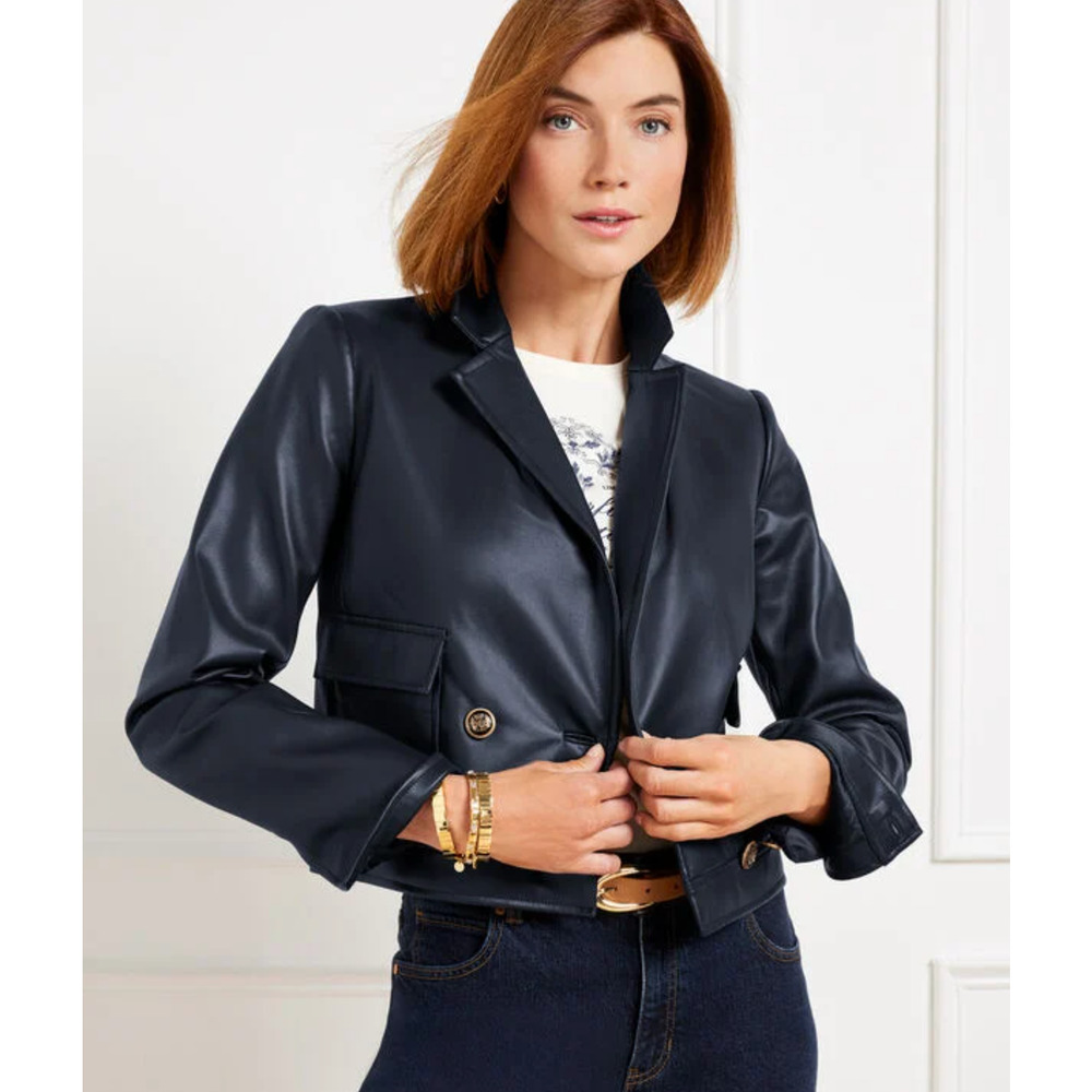 NWT TALBOTS INDIGO BLUE FAUX LEATHER CROPPED JACKET SZ 2